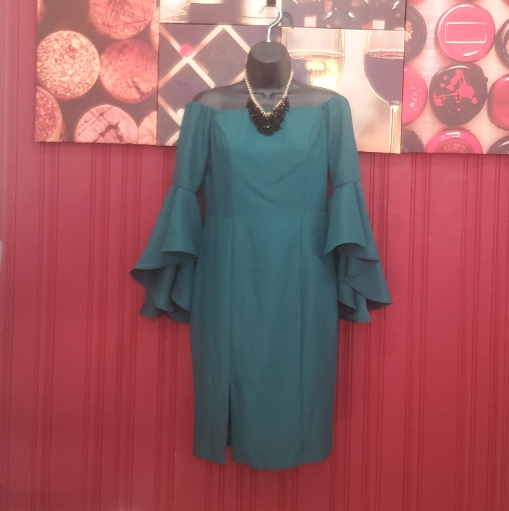 Green off the shoulders dress. Sold by venus clothing